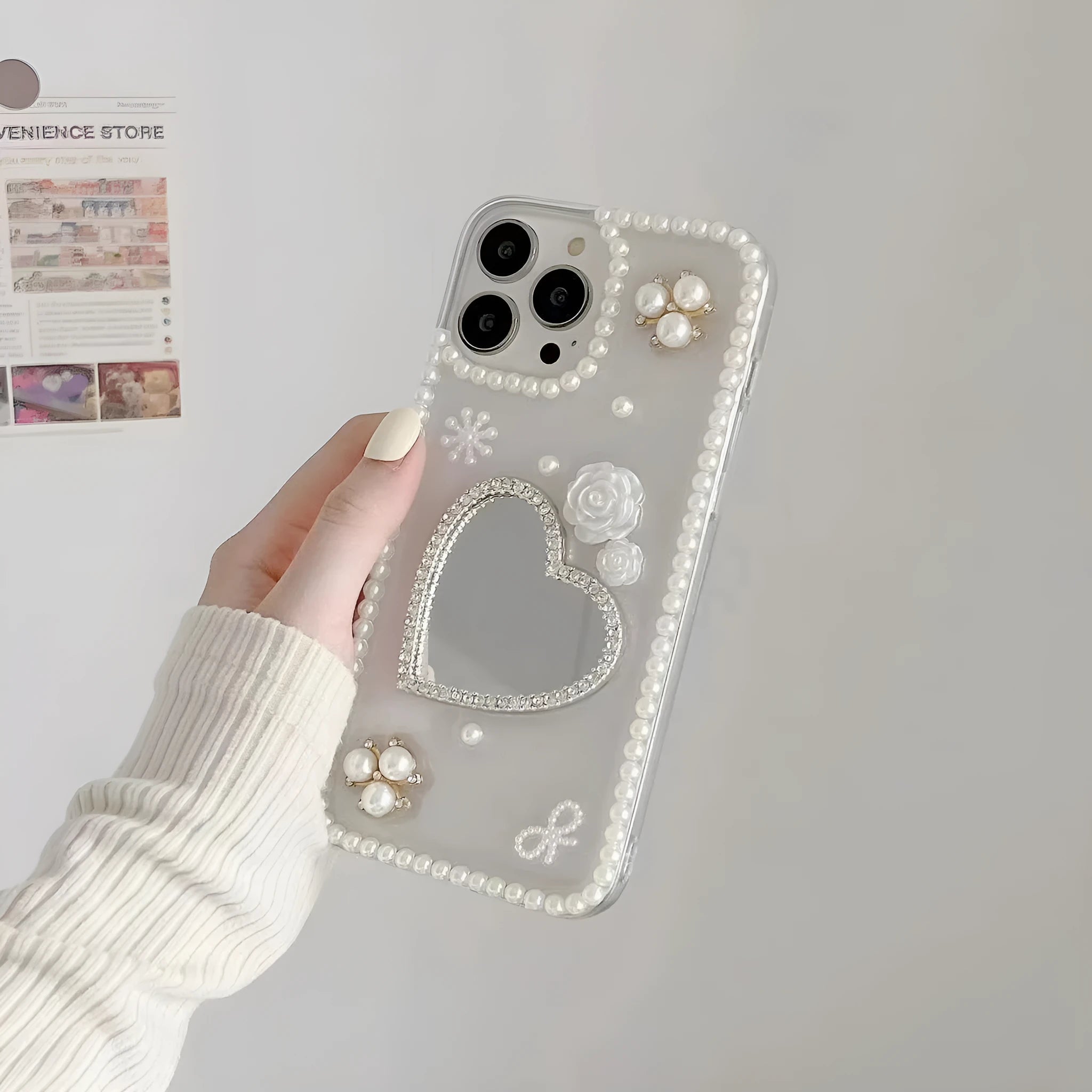 Handmade pearl heart mirror TPU phone case for Apple iPhone 12 13 14 15 with love heart pattern