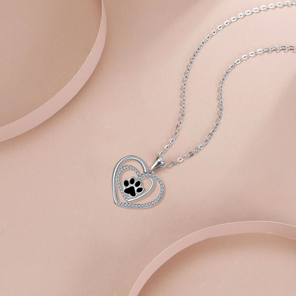 Women's dog paw print heart necklace on a cross chain, electroplated copper pendant.