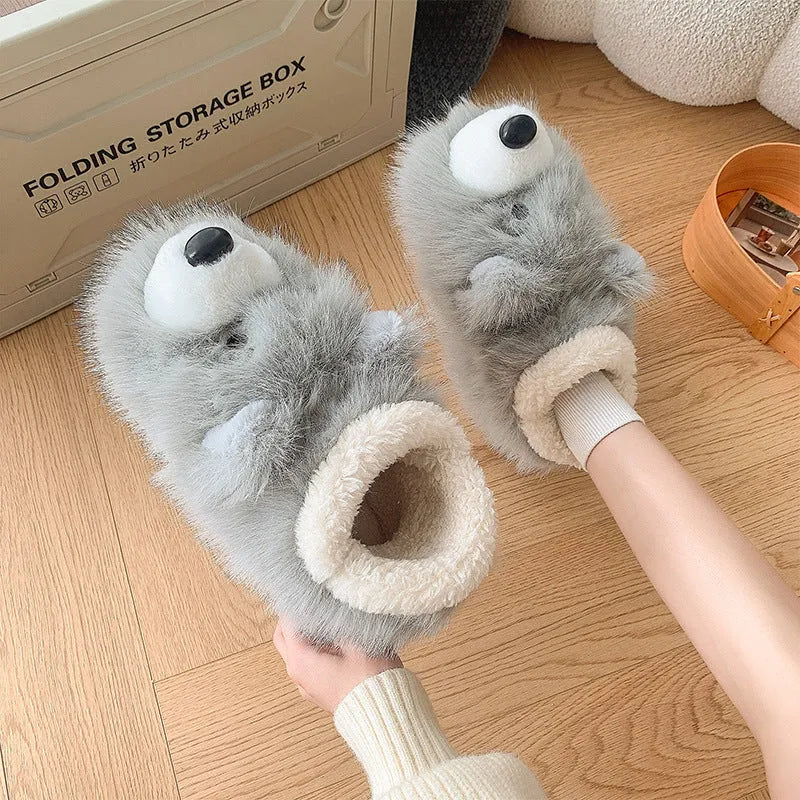 Women's ankle wrap cotton slippers with plush upper in grey and white colour options