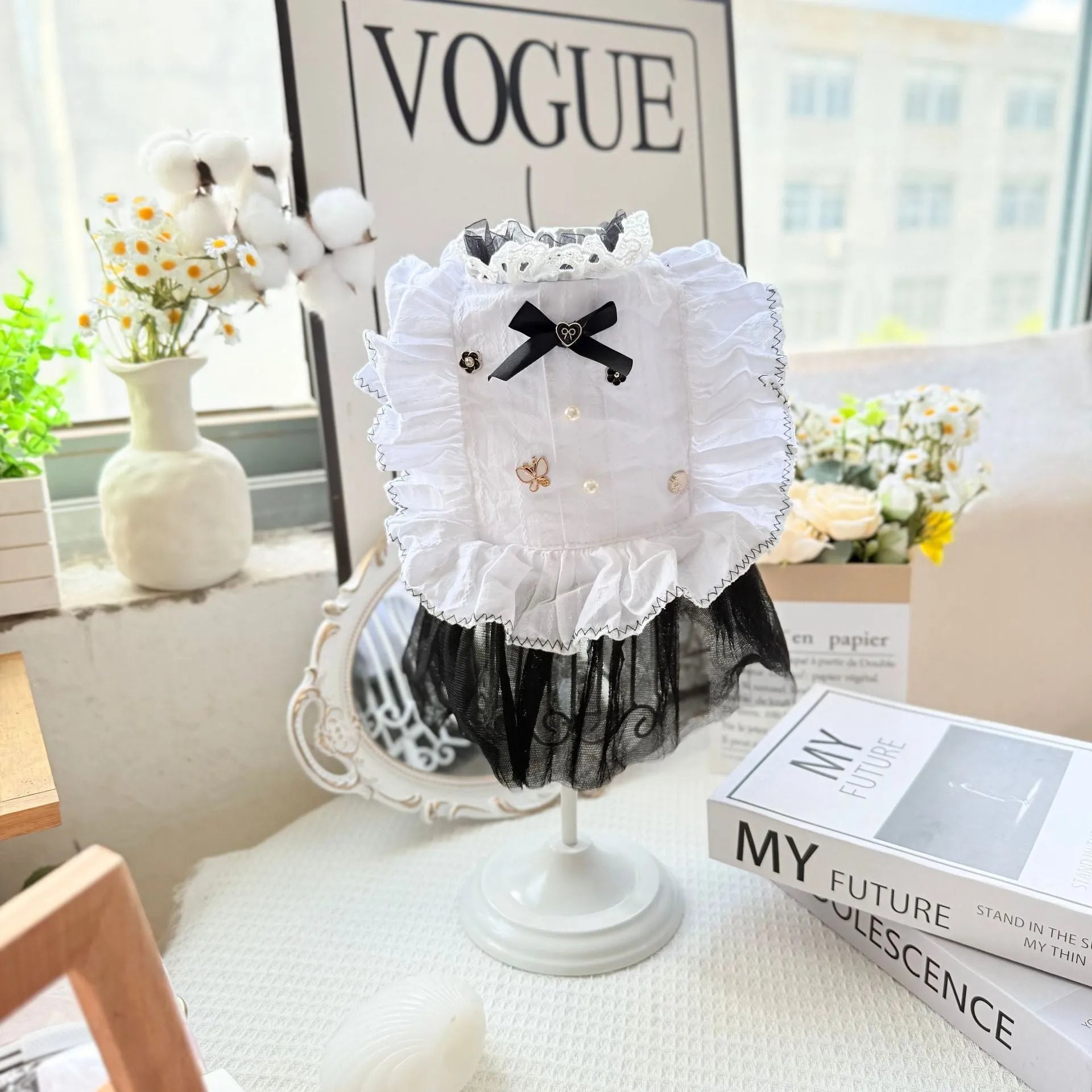 White polyester princess dog dress with a gauze skirt for small to medium-sized pets.