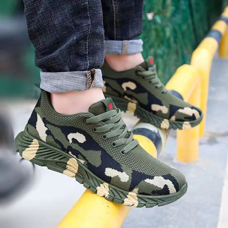 Army Green mesh military training sneakers with non-slip PVC sole on outdoor ground