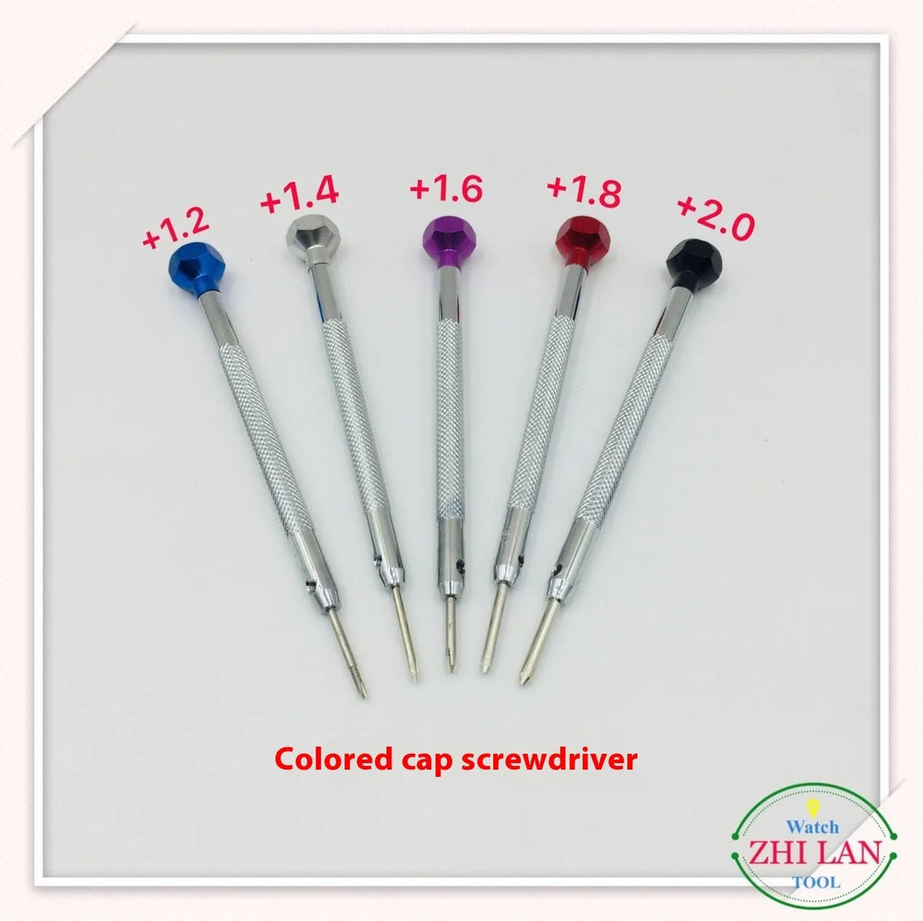 Six colour-coded watch repair screwdrivers with aluminium handles arranged in a set.
