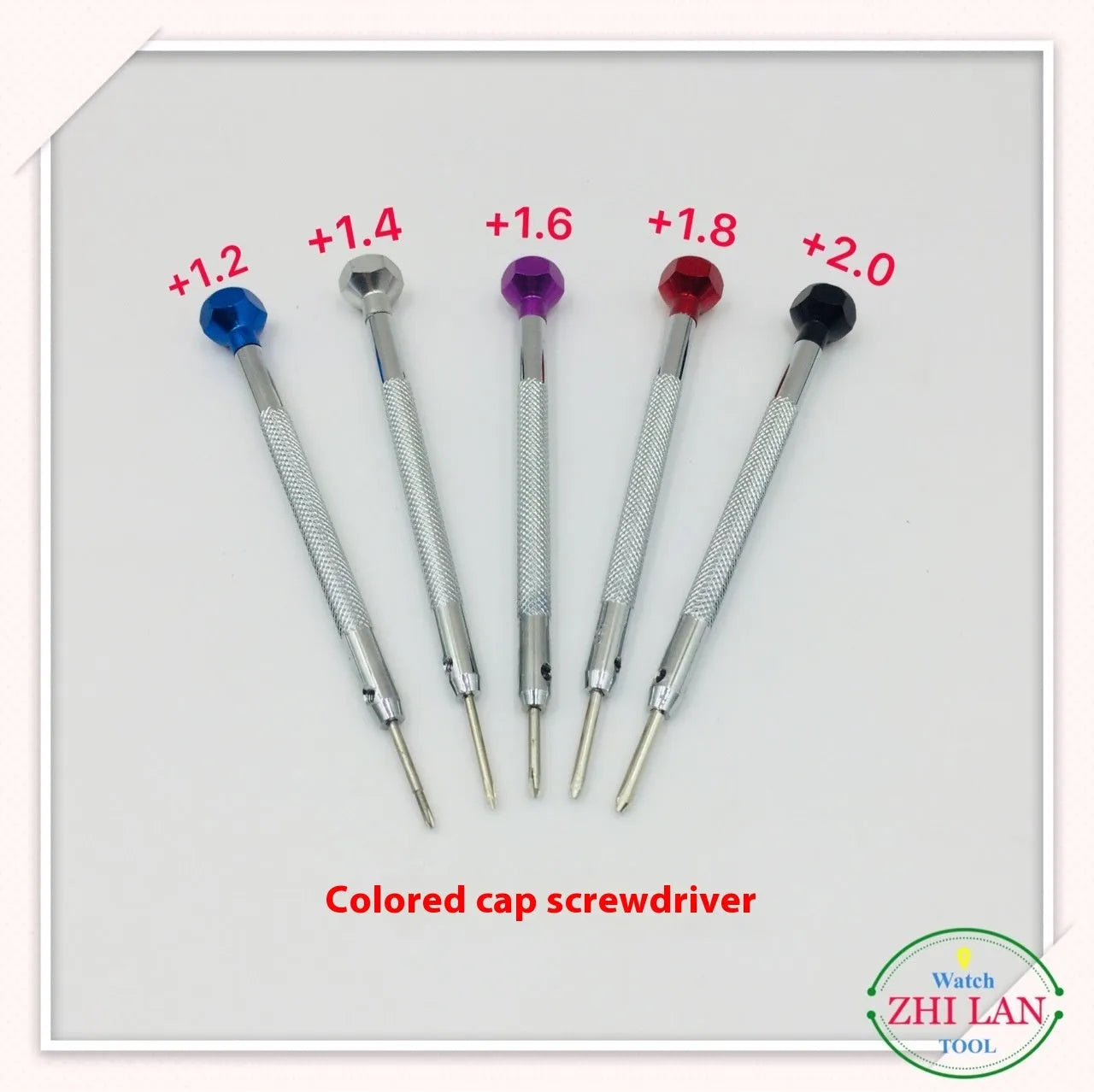Six colour-coded watch repair screwdrivers with aluminium handles arranged in a set.