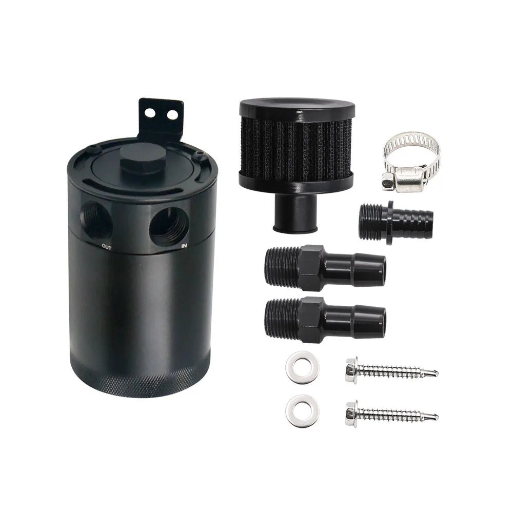 Aluminium automotive oil can with breathable design in black or silver finish