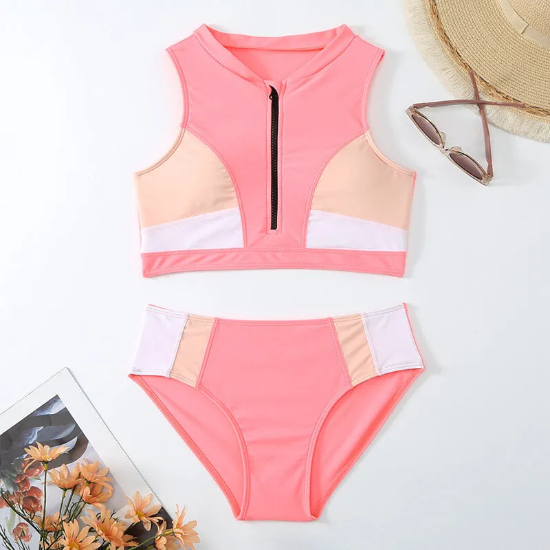 Pink high waist split bikini swimsuit with ammonia mesh lining and nylon fabric construction