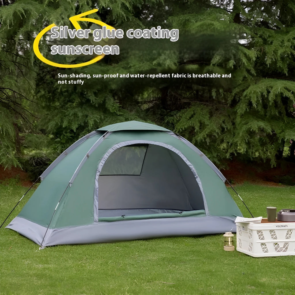 Single person pop-up camping tent in Army Green, shown both erected and packed in its carry bag.