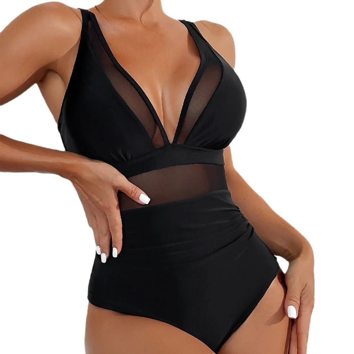 Black sleeveless one-piece swimsuit with halter neck for women.