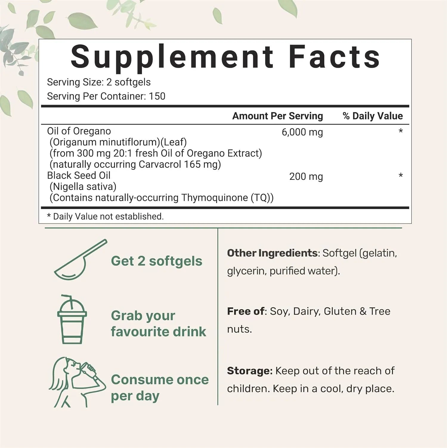 Bottle of butter black seed oil soft gel capsules for adults, showing 180 or 300 tablet pack option.