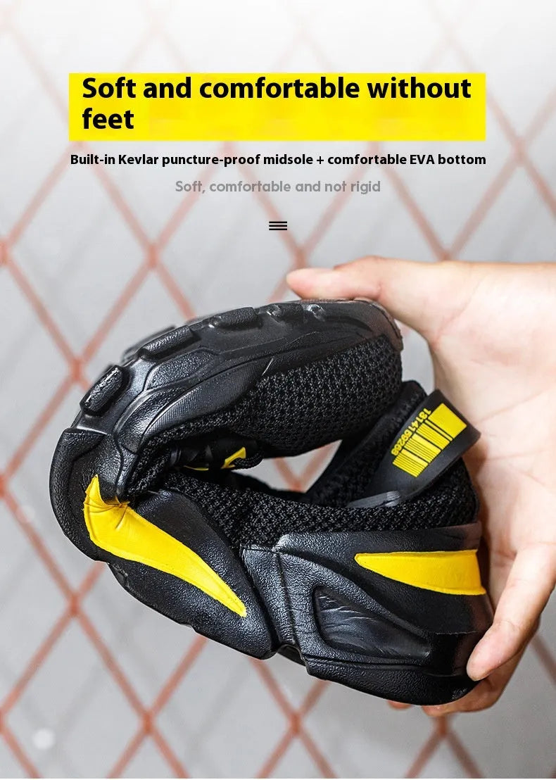 Men's black low-top safety work shoes with Flyknit upper and steel toe cap on a white background