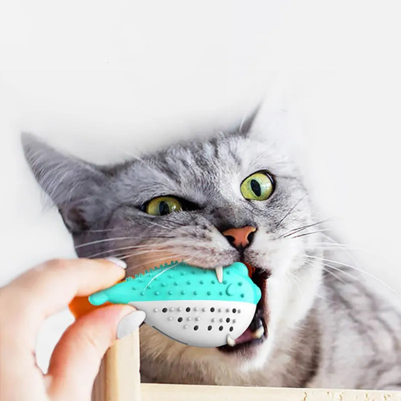 Blue silicone fish-shaped cat chew toy for dental cleaning and interactive play