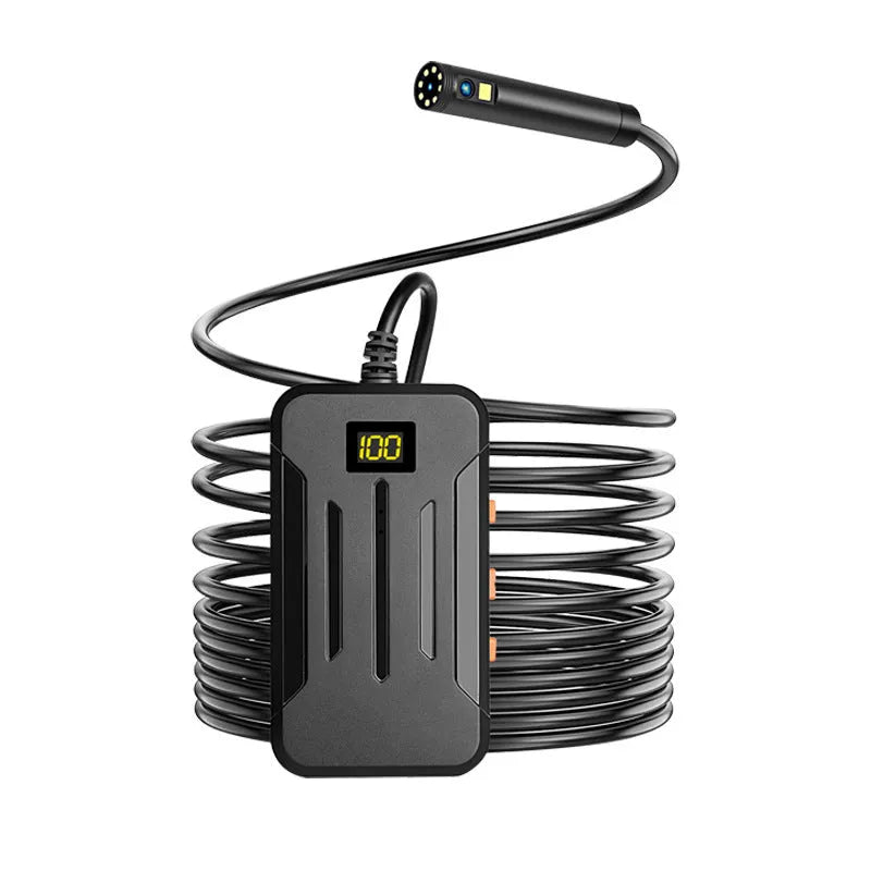 F300 wireless endoscope with dual camera probes, hook, magnet, and charging cable on a grey background.
