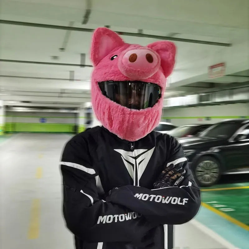 Pink cartoon plush motorcycle helmet protective hood made of PV velvet cloth.