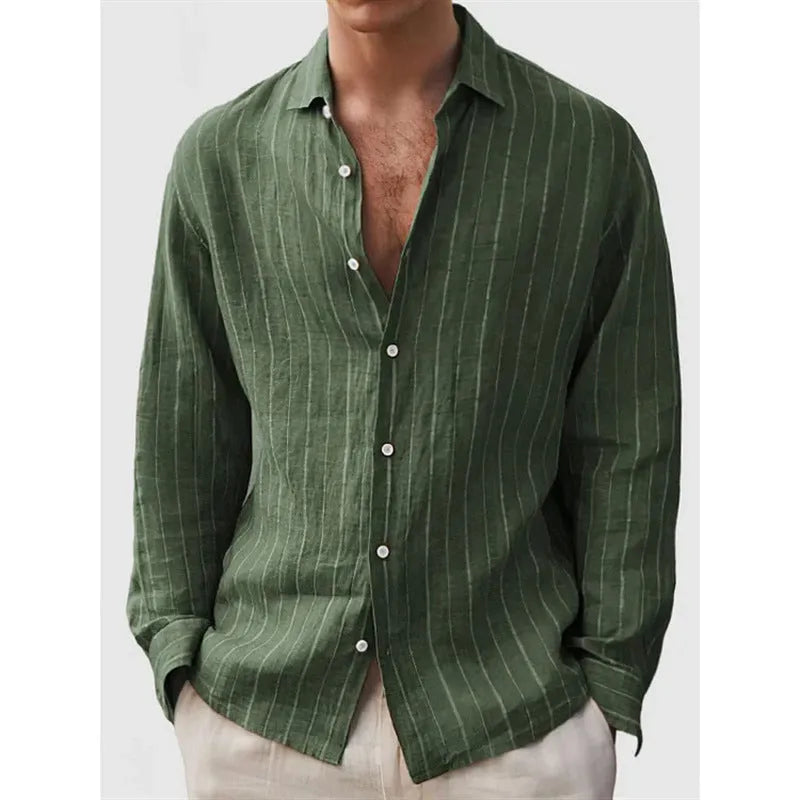 Men's loose fit striped print cardigan shirt in polyester with short sleeves