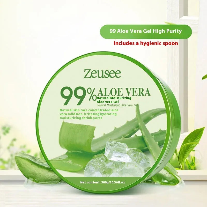 300g tub of aloe vera gel for acne control and hydration with a small white scoop on top.