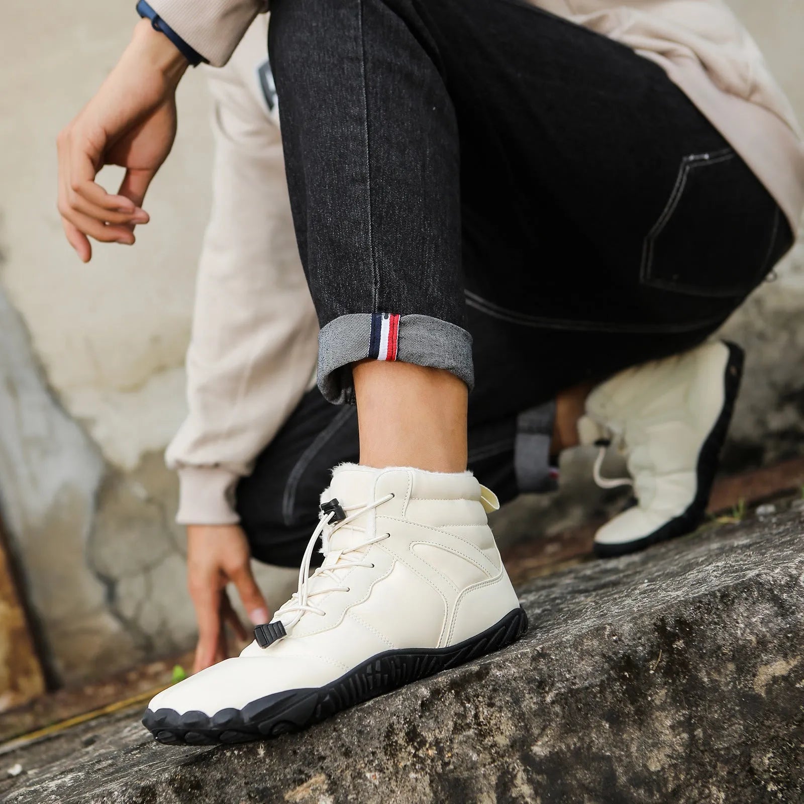 Beige and grey five-finger waterproof fleece-lined snow boots with rubber hiking outsoles.