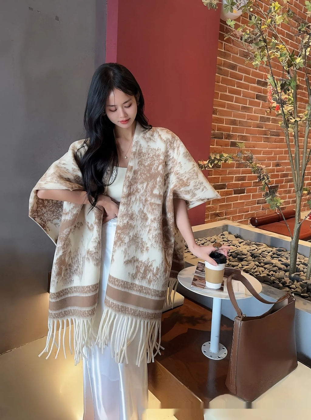 Women's polyester tassel scarf cape in free size with fringe trim hemline