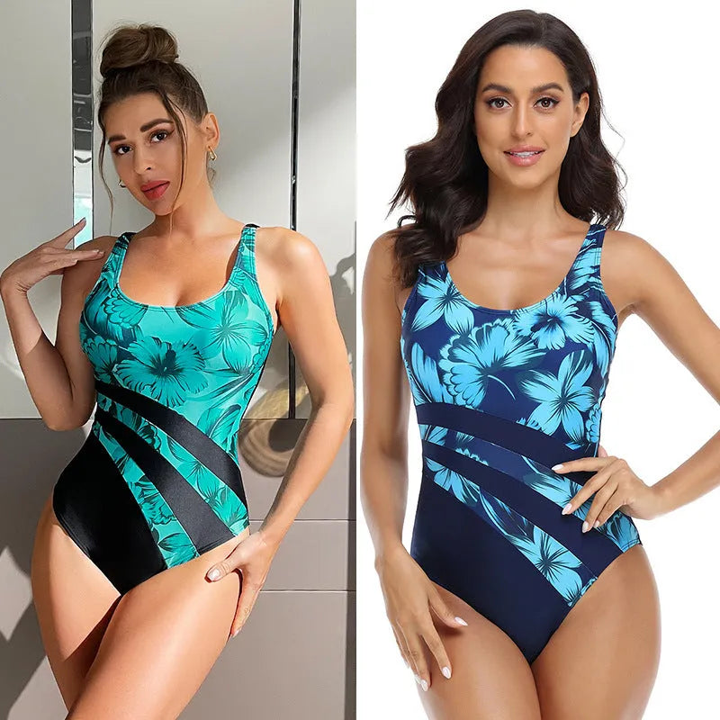 Women's printed one-piece swimsuit with conservative briefs design in blue or green