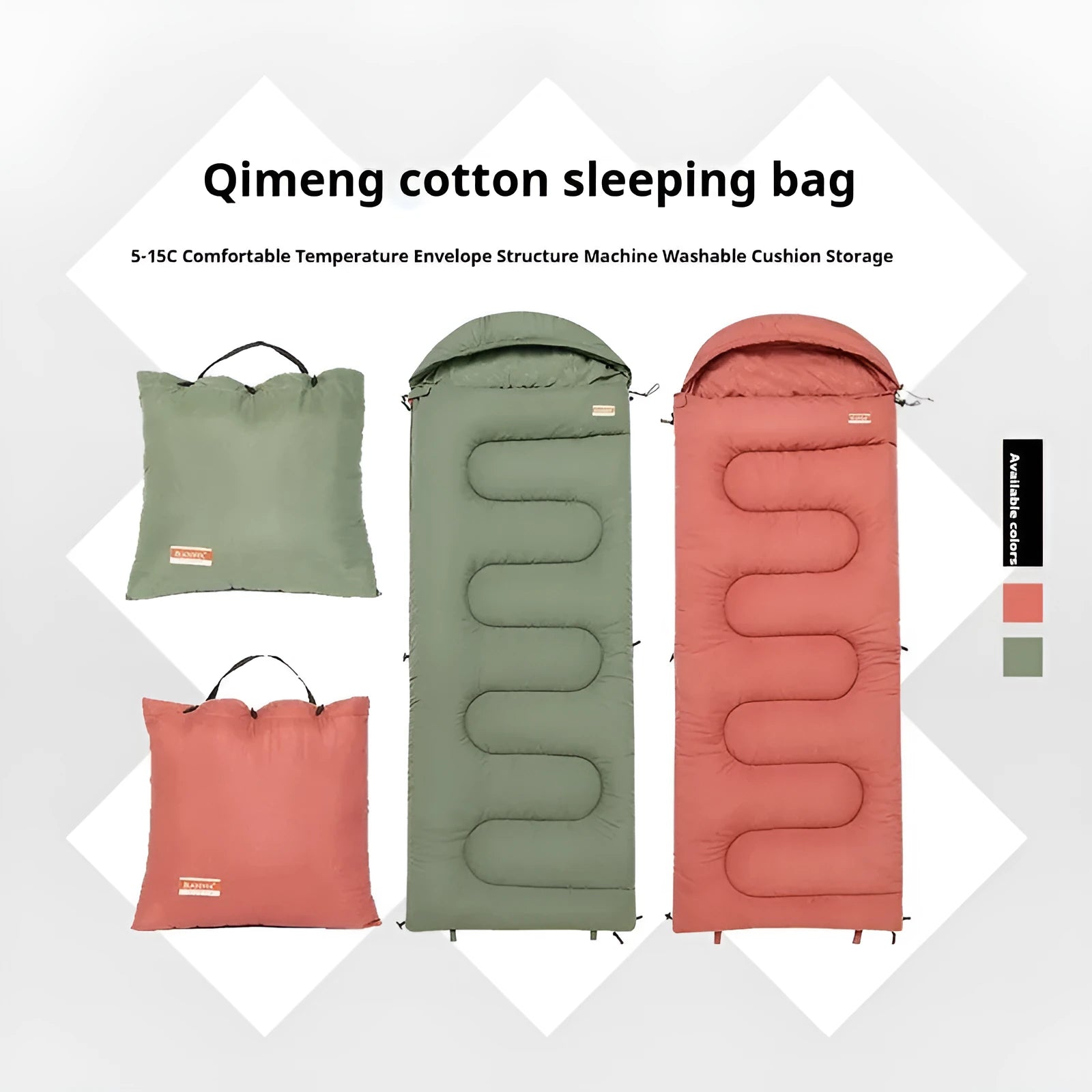 Ultra-light cotton camping sleeping bag quilt in ochre or olive green colour.