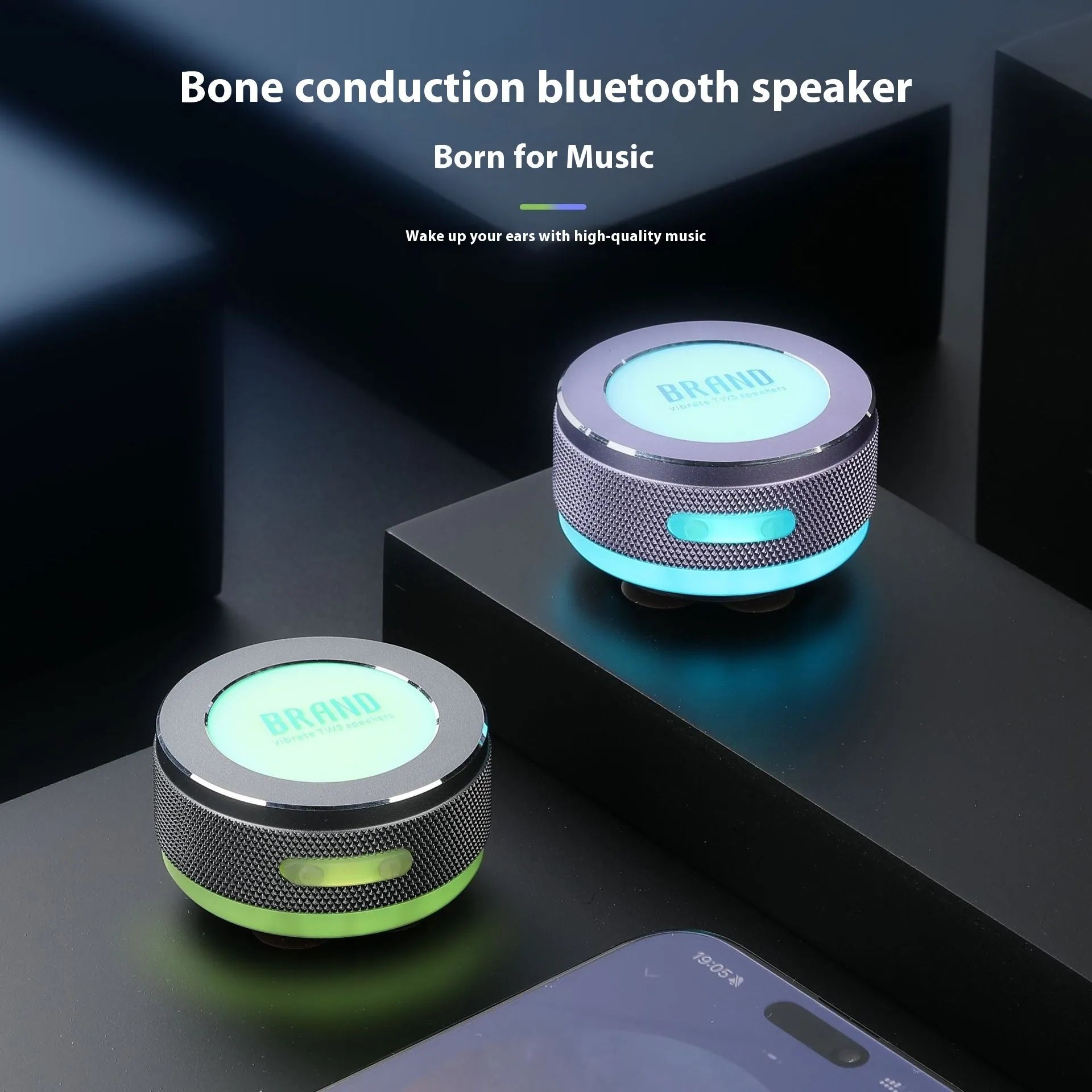 Small wireless bone conduction speaker with magnetic suction box and colour LED light in blue