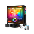 Black smart LED light strip with camera controller for TV backlighting, shown with remote and smartphone app interface.