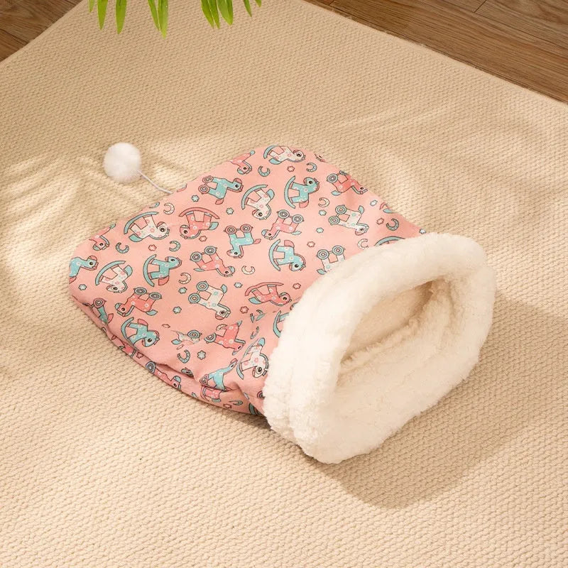 Blue rabbit print flannel cat sleeping bag nest measuring 50cm by 40cm
