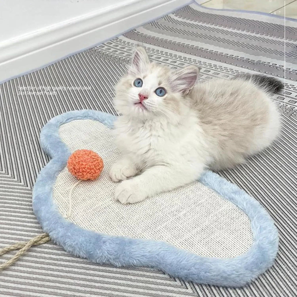 White cat scratching mat with sleeping cat design, natural sisal material, wall mounted or floor use