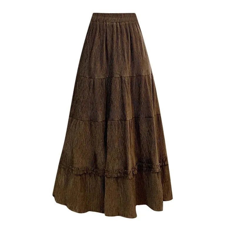 Women's corduroy A-line midi skirt with elastic waistband in milky white, black, or brown colours