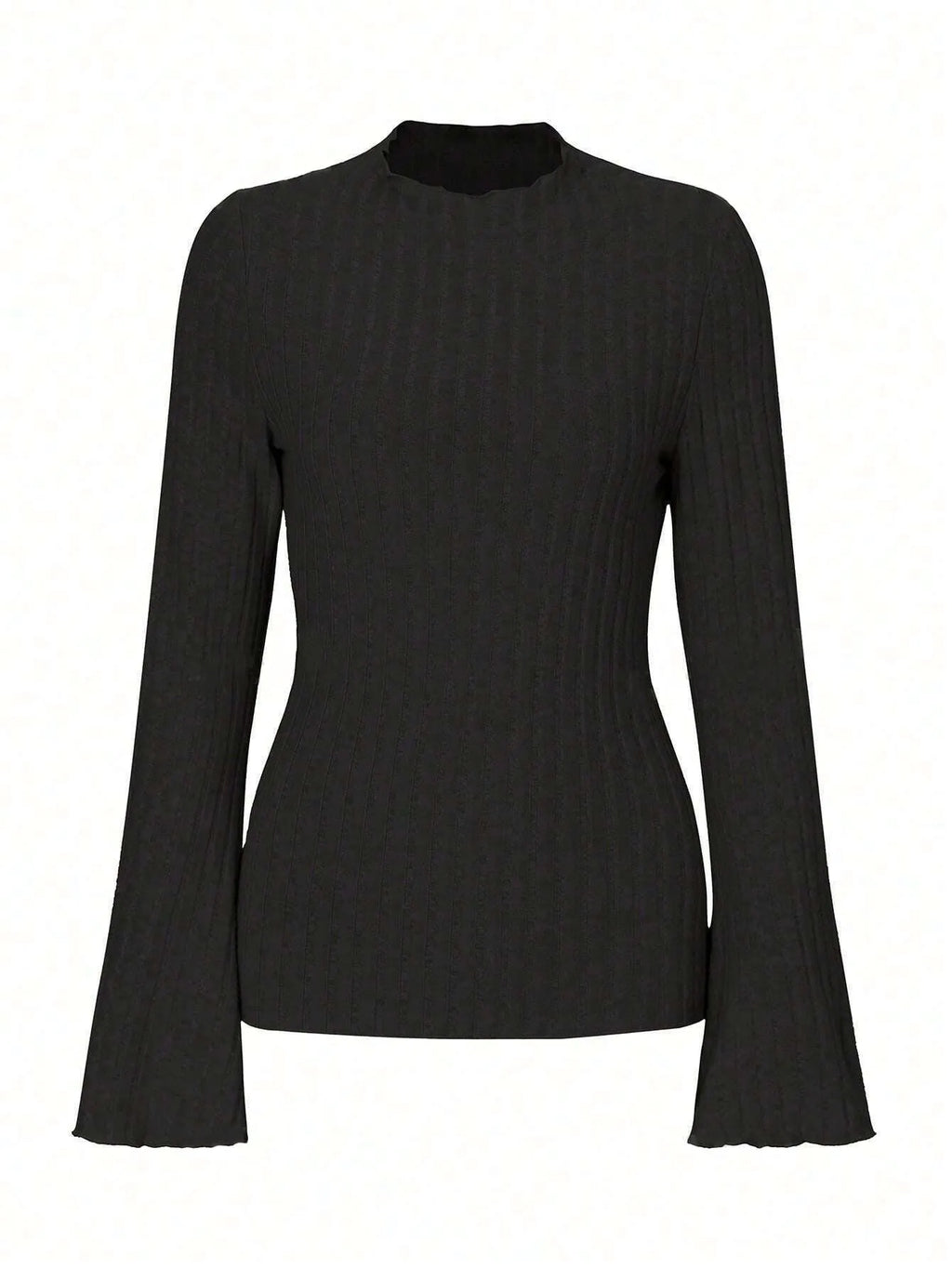 Long sleeve round neck top with lantern sleeves in black colour, slim fit design
