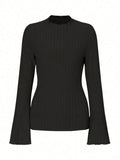 Long sleeve round neck top with lantern sleeves in black colour, slim fit design