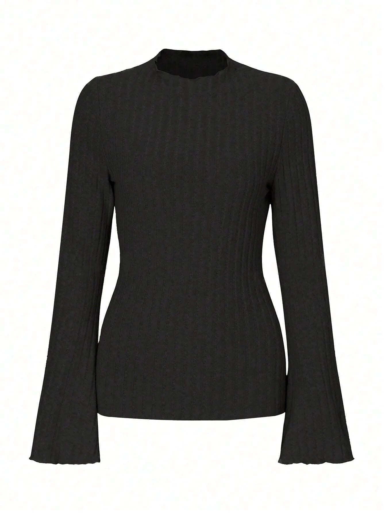 Long sleeve round neck top with lantern sleeves in black colour, slim fit design