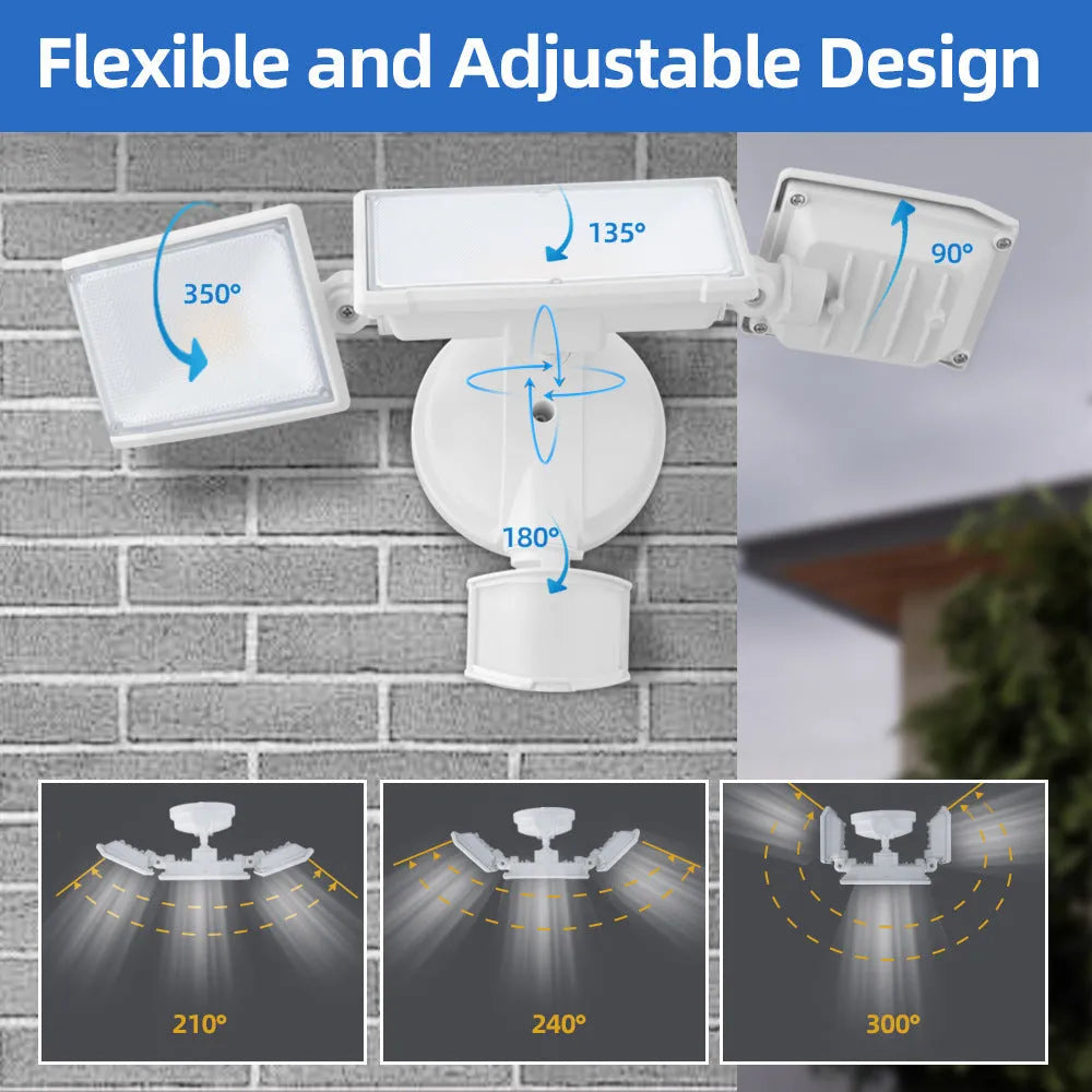 White or black LED motion sensor flood light with 120V input for outdoor security lighting