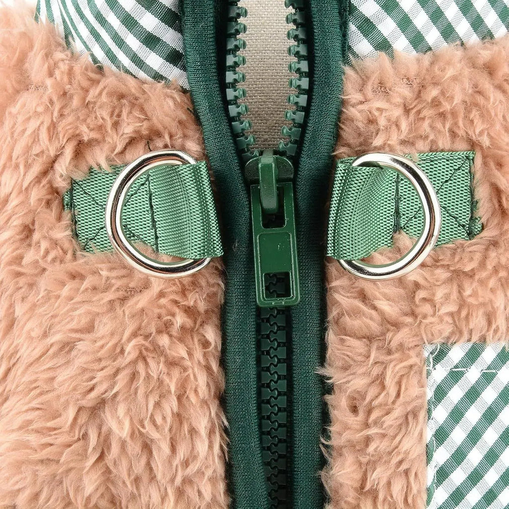 Green fleece dog coat with back zipper and D-rings on small dog