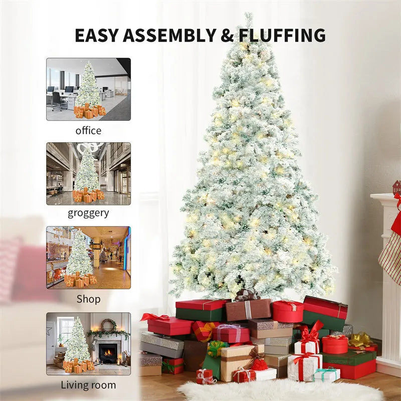 PVC artificial snow-covered Christmas tree on a metal stand, shown in green and white colour.