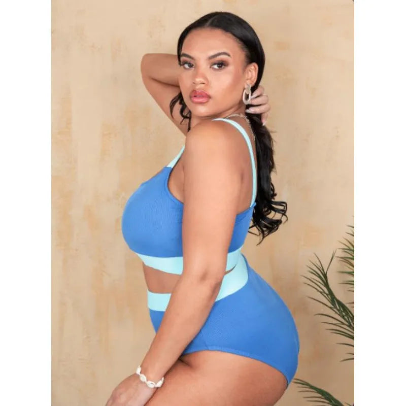 Women's high-waist bikini set in pure colour with split styling and stitching detail