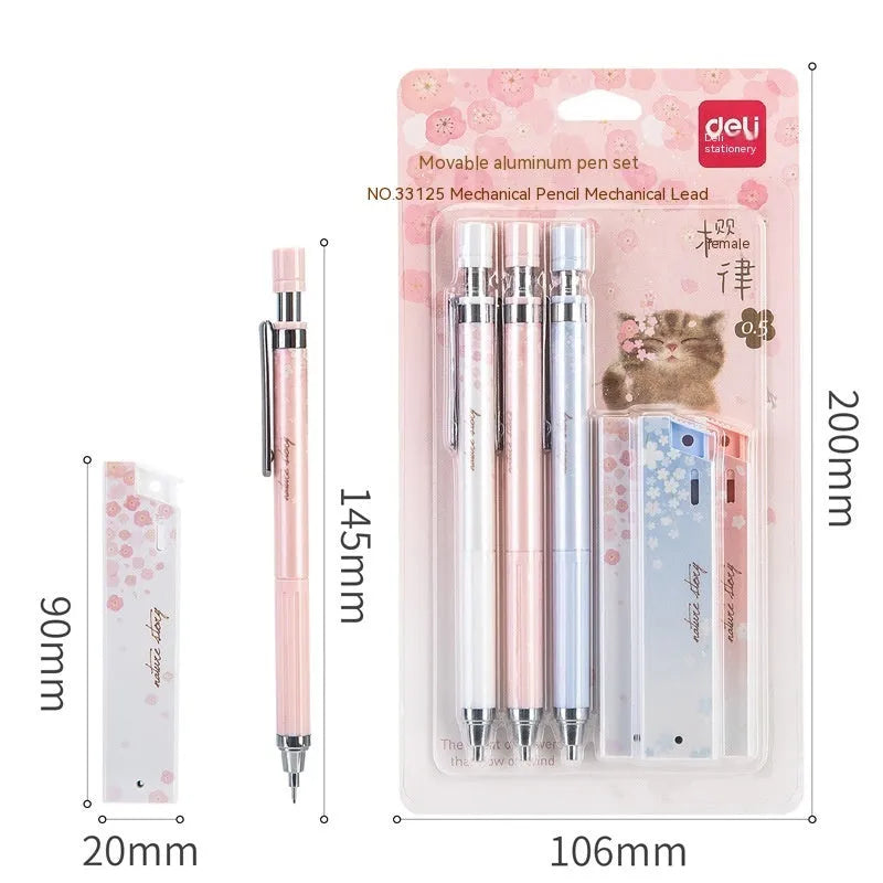Cartoon automatic pencil set with three 0.5mm HB pencils and refill boxes in mixed colours