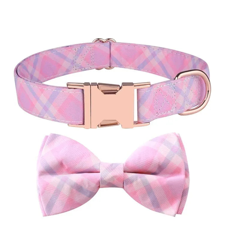 Pet collar with rose gold buckle and removable bow on polyester strap