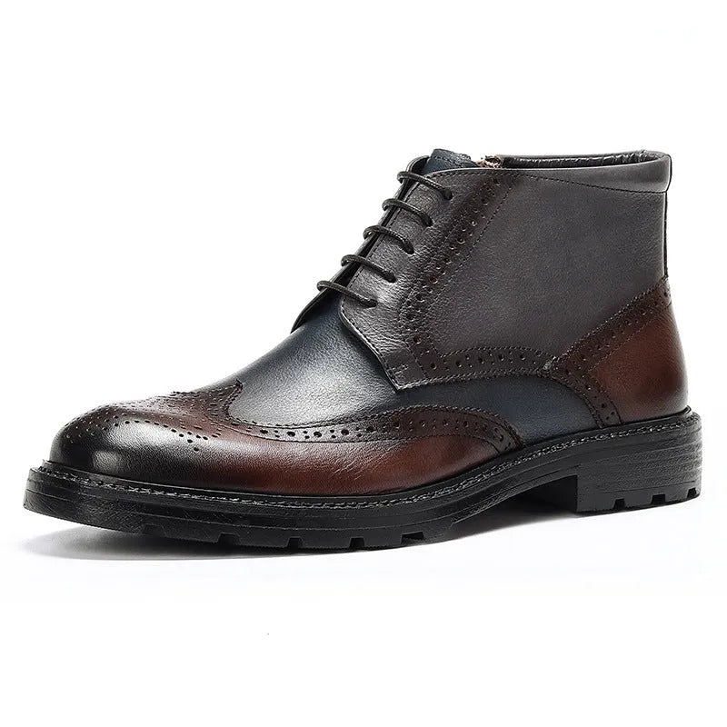 Coffee blue men's leather brogue ankle boots with carved stitching, round toe, and front lacing on a rubber sole.