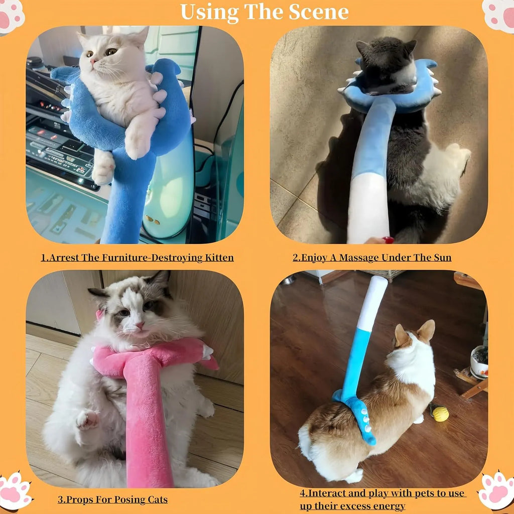 70cm plush cat wand toy in blue and pink colours for interactive indoor play