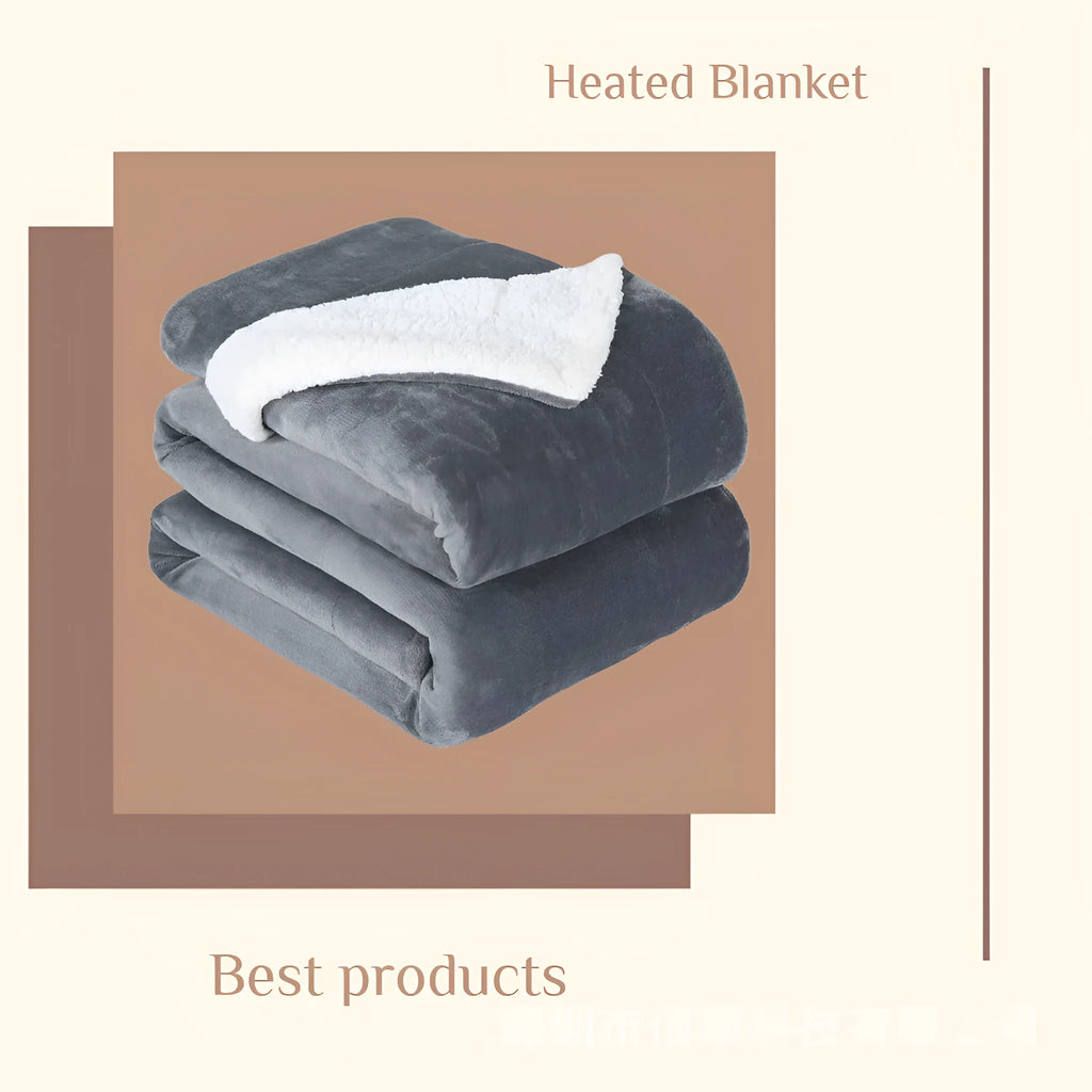 Grey flannel electric heating blanket with USB cable and temperature controls