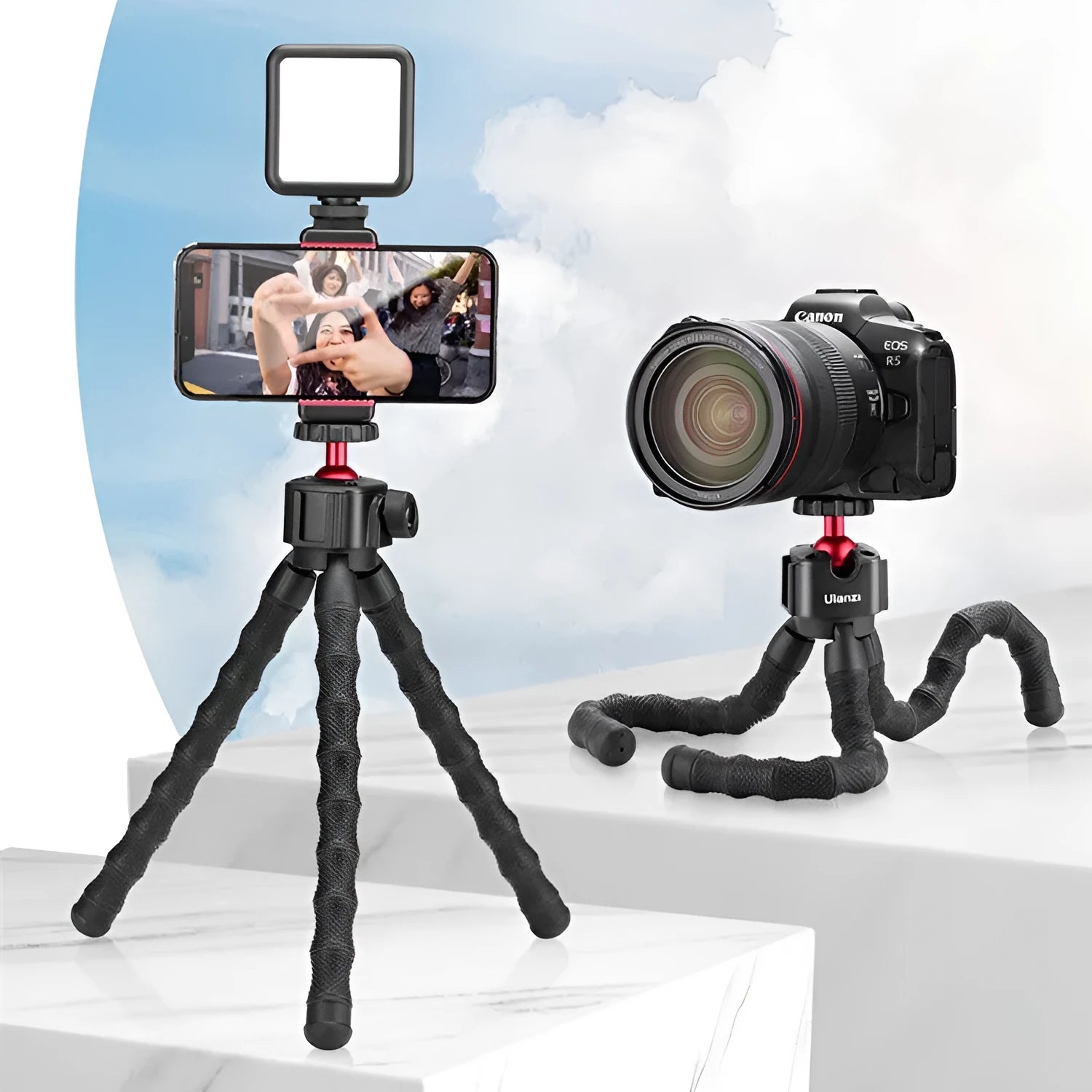 Compact aluminium tripod in folded and extended positions for smartphone vlogging.