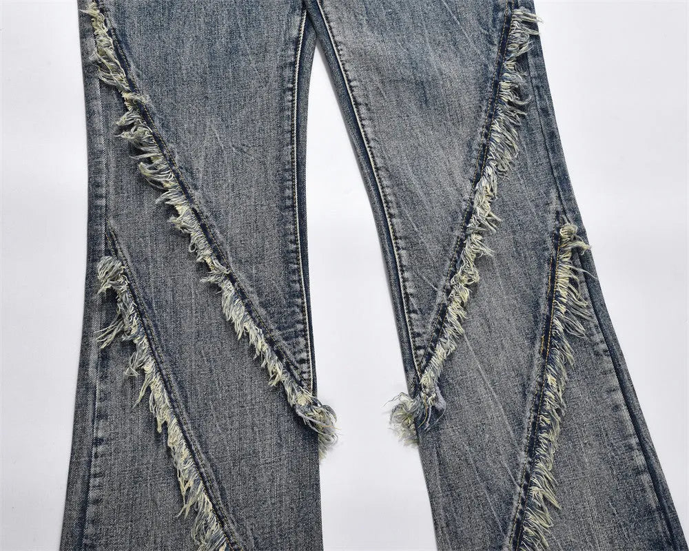 Men's blue denim punk loose straight trousers on a model, casual fit