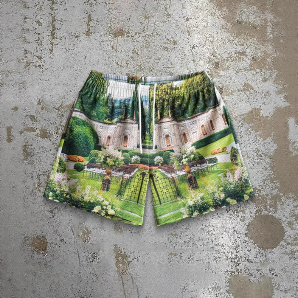 Men's quick-drying digital print beach shorts in loose fit, shown in one of ten available colour patterns.