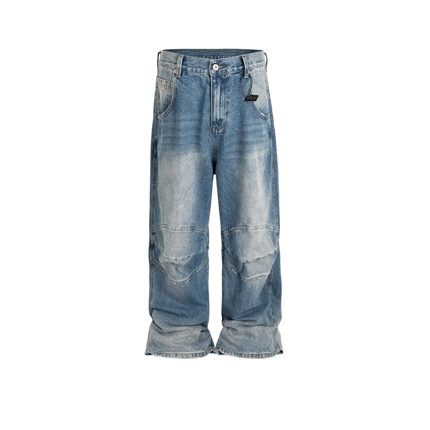 Baggy washed blue straight-leg jeans with zip fly on mannequin