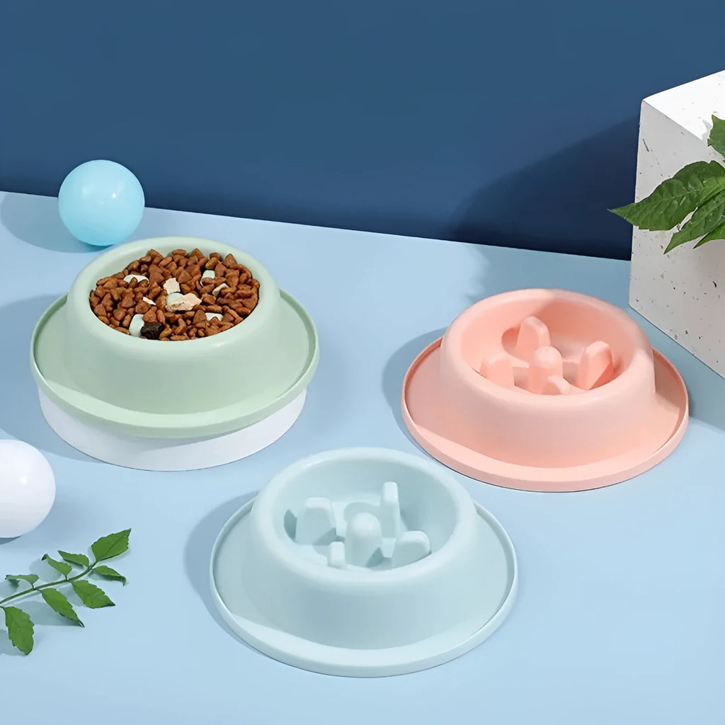 Blue pet slow feeder bowl with maze pattern and non-slip base on a kitchen floor