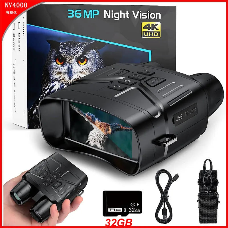Black 4K night vision instrument with LCD screen showing a night vision image, placed on a textured surface.