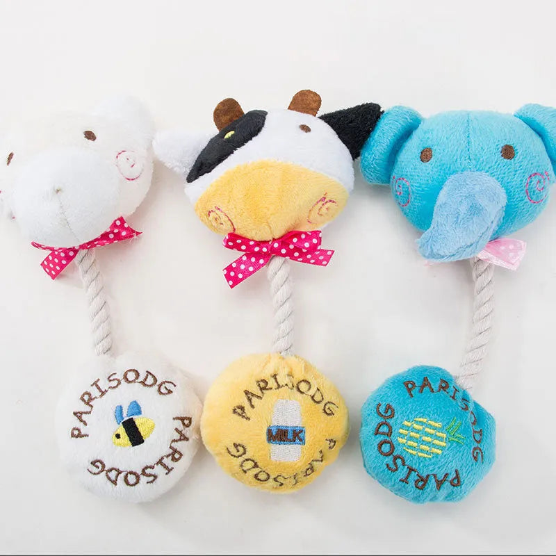 Plush animal dog toy with cotton rope and squeaker in frog, elephant, cow, and bear designs.