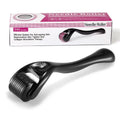 Black and purple derma roller with titanium microneedles for facial skin, hair, and beard treatment