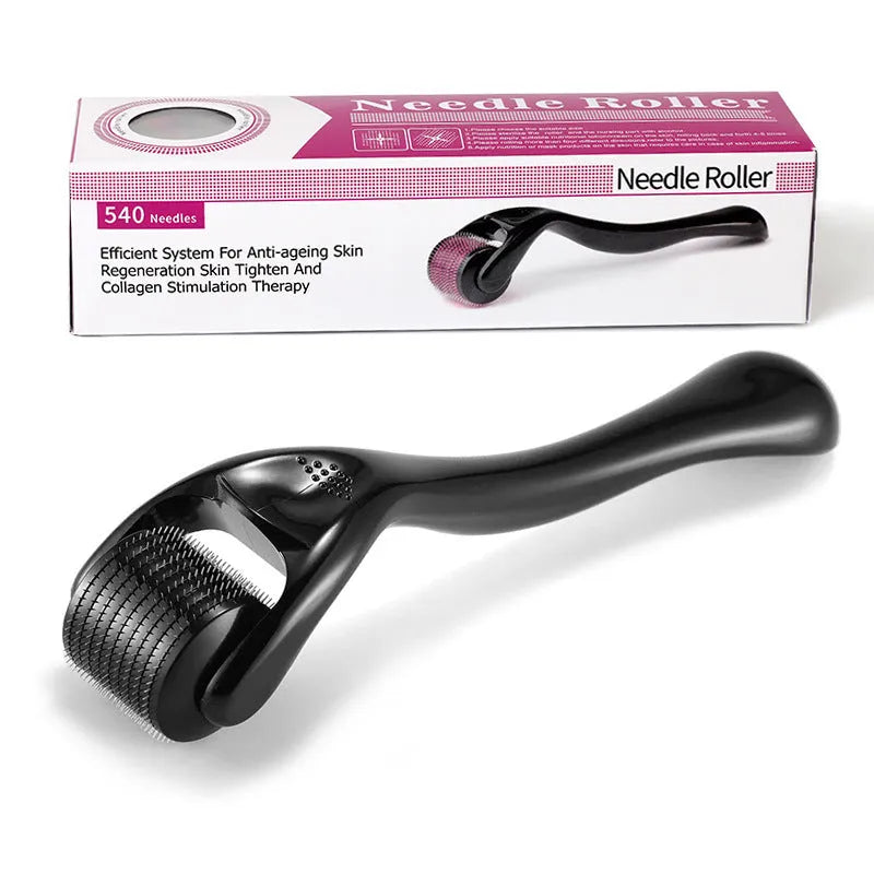 Black and purple derma roller with titanium microneedles for facial skin, hair, and beard treatment