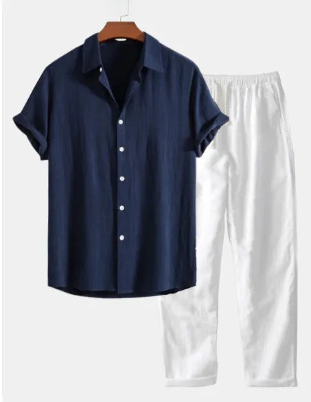 Men's cotton linen beachwear short sleeve suit with matching shorts and accessories in multiple colour options