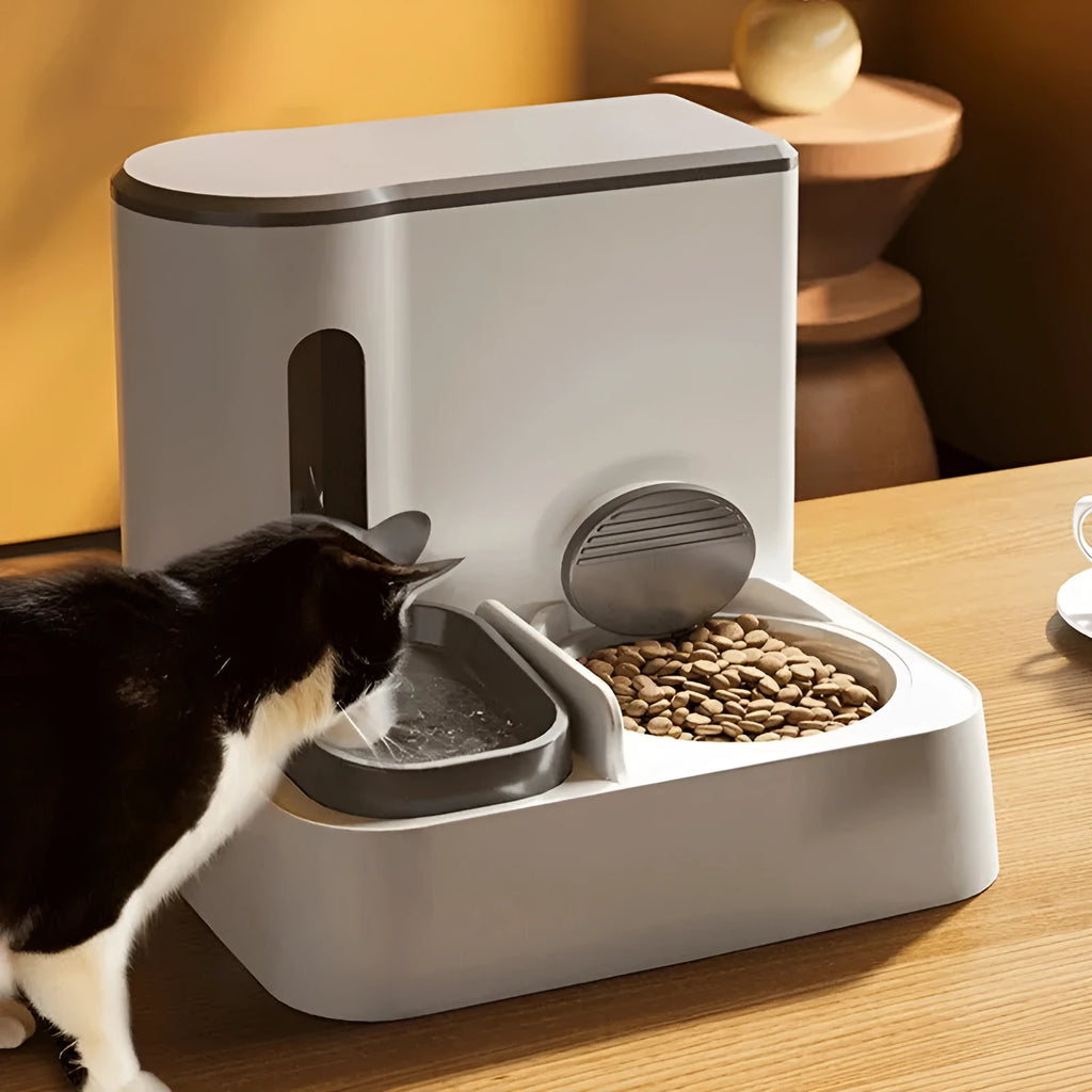 Cat automatic pet feeder water dispenser integrated double bowl station in grey colour